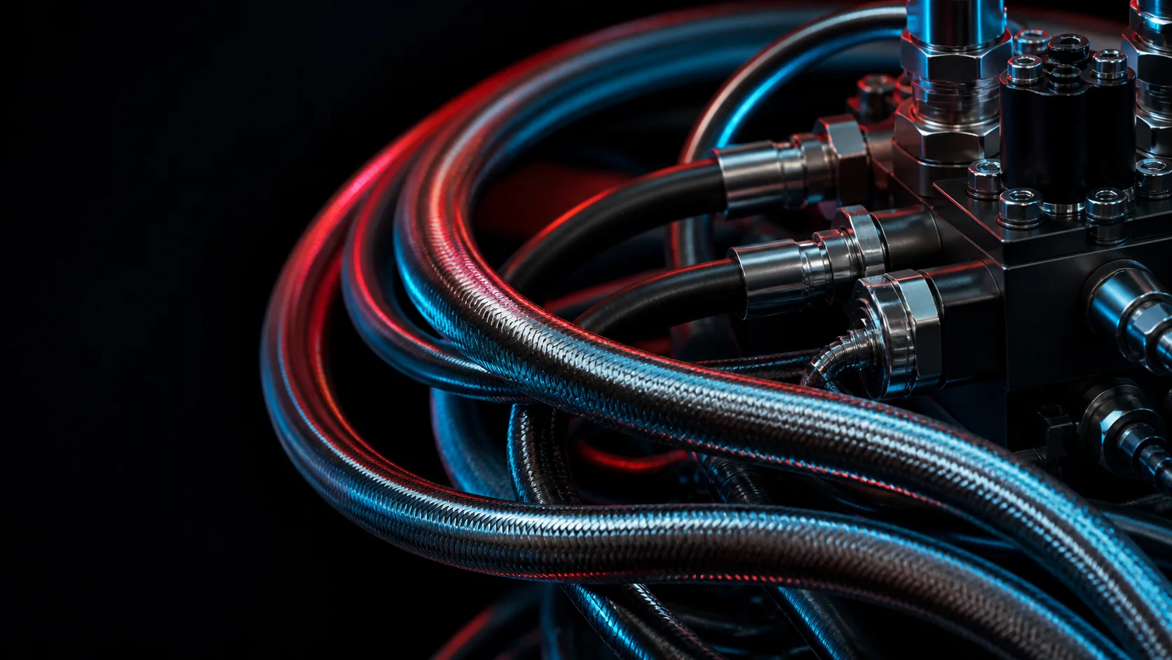 Fictional hydraulic hoses and valve manifold lit in red and cyan